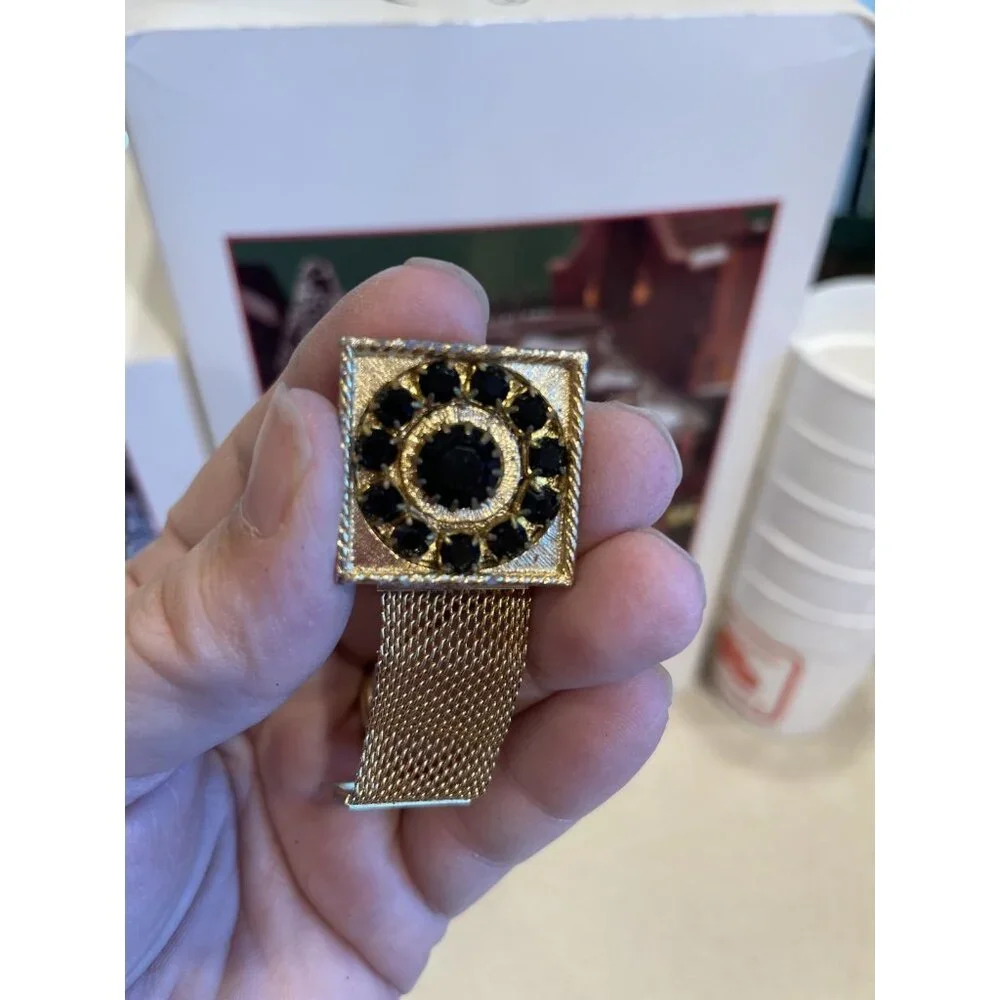 Vintage Men's Gold Black Crystal Cufflinks Tie Pin Box